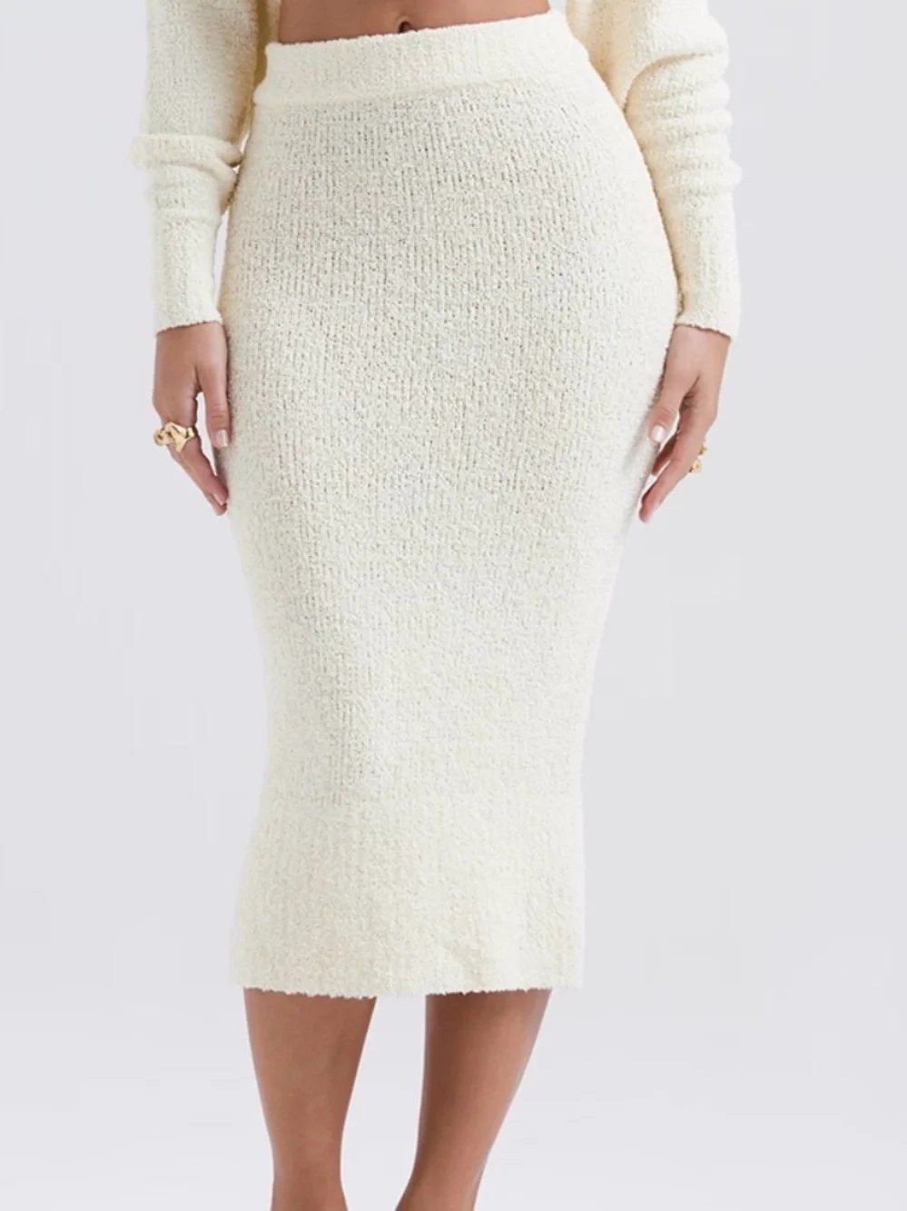 House of CB Mishka Cream Soft Boucle Knit Midi Skirt